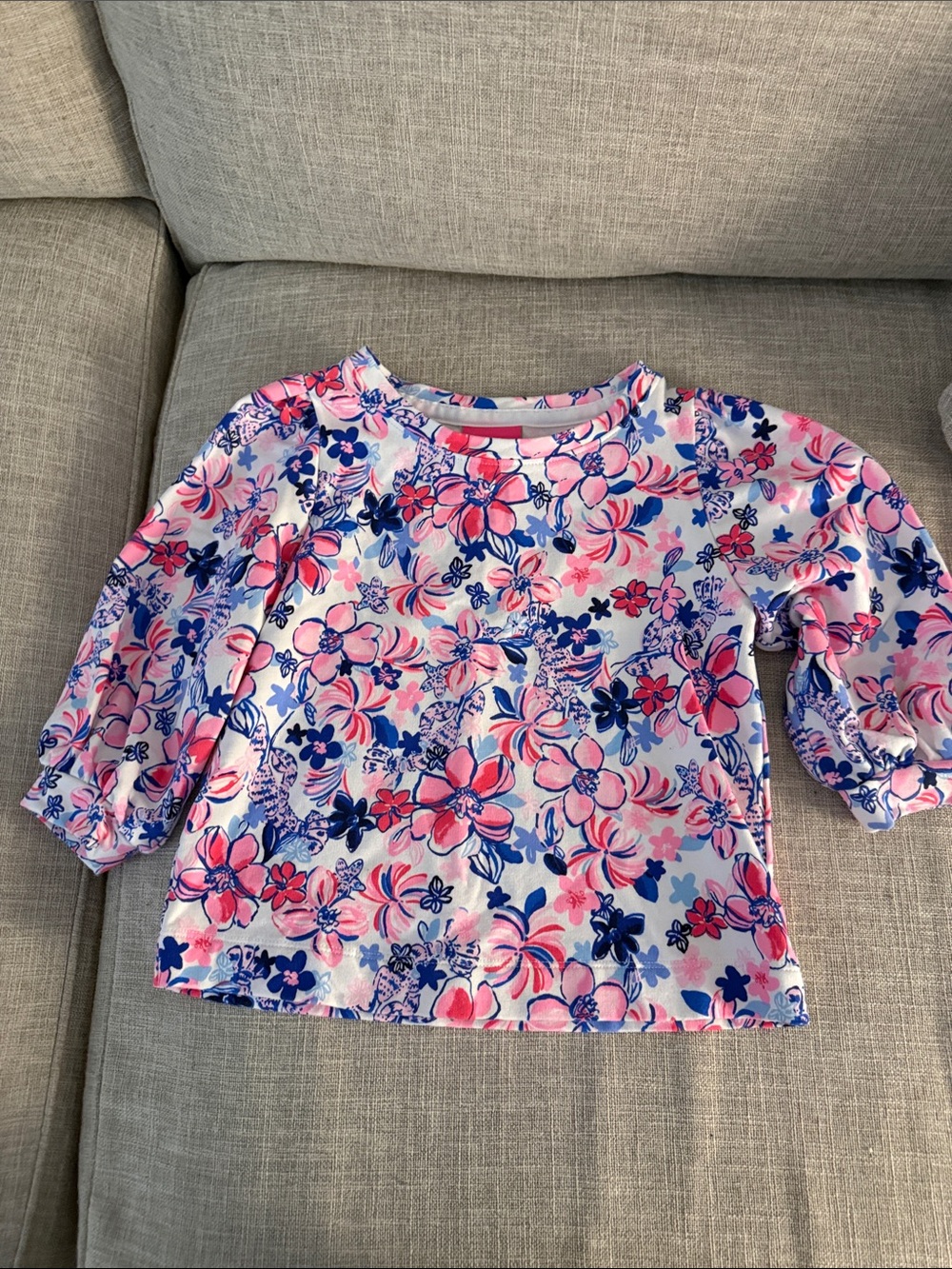 Lilly Pulitzer Girls Floral Long Sleeve Top - Pink, Blue & White